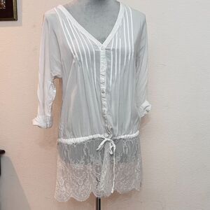 UNIQ White Boho Lace Back TunicTop Small Sheer Pintuck Tie Waist Festival Blouse